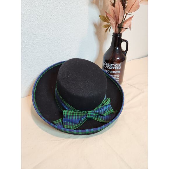 Vintage Betmar Wool Felt Hat USA Black Plaid Ribbon Boater Style 100% Wool - Picture 5 of 7